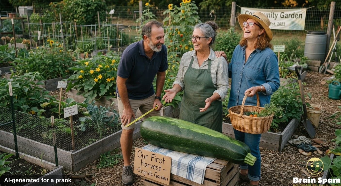 SHOCKING EXCLUSIVE: INGRID SALTZMAN'S COMMUNITY GARDEN YIELDS ONE ENORMOUS ZUCCHINI AND SENDS THE WHOLE TOWN REELING